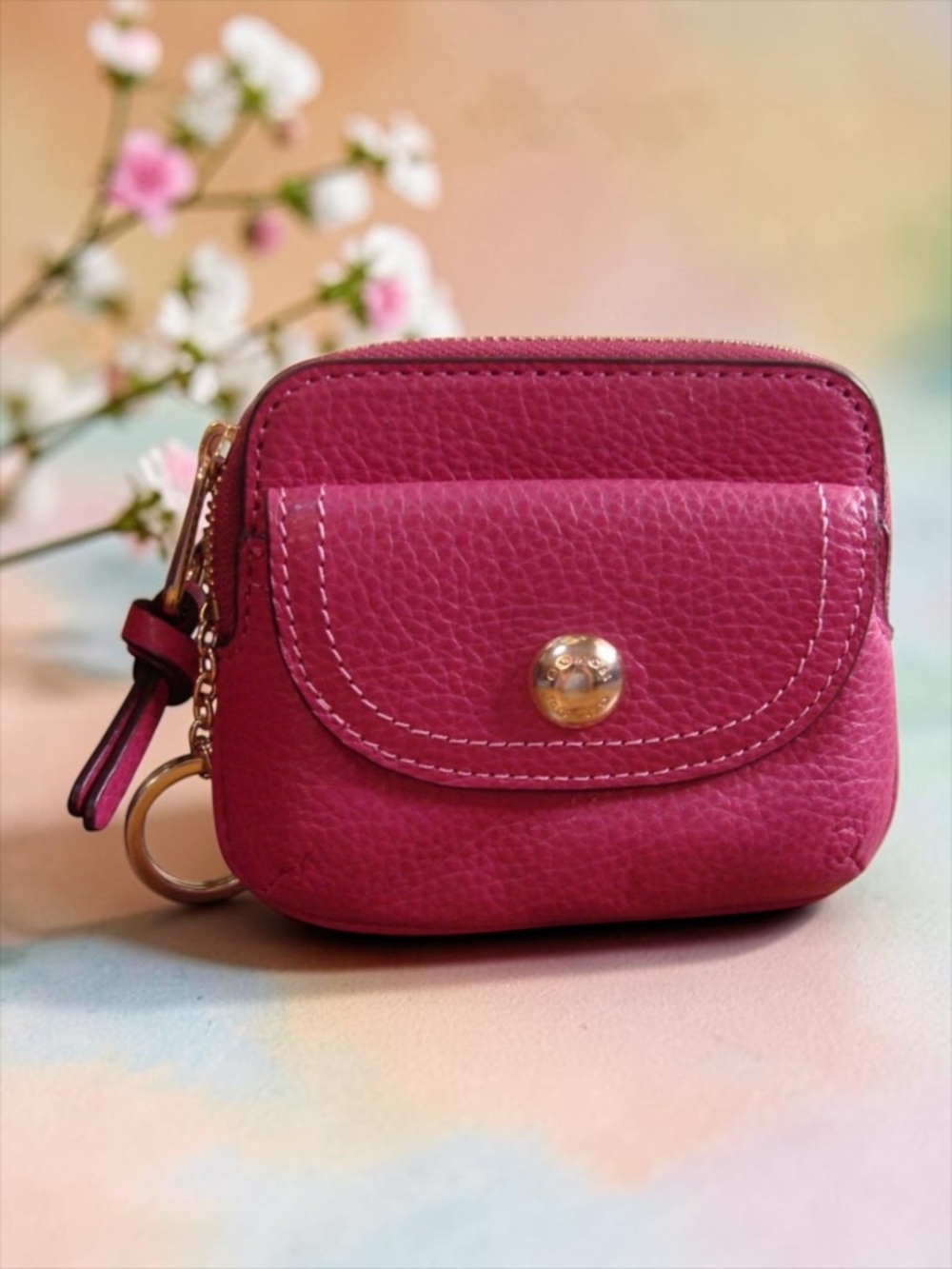 Coach Pennie Card Case, Bright Violet Pebbled Leather Zip Coin Purse Keychain